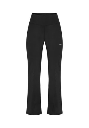 Zwarte fitnessbroek met een uitlopende pasvorm, gemaakt van rekbaar materiaal. Voorzien van een brede tailleband en een klein logo op de heup gedrukt.