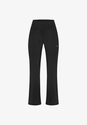 Zwarte fitnessbroek met een uitlopende pasvorm, gemaakt van rekbaar materiaal. Voorzien van een brede tailleband en een klein logo op de heup gedrukt.