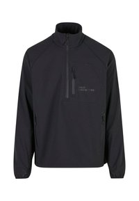 Černá pulovrová bunda s vysokým límcem, čtvrtinovým zipem, náprsní kapsou a dvěma bočními kapsami; má hladkou texturu a minimalistický design.