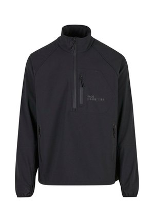 Mustapullopaita, jossa on korkea kaulus, neljännes vetoketju, rintatasku ja kaksi sivutaskua; siinä on sileä pinta ja minimalistinen muotoilu.