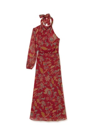 Robe rouge à fleurs avec col licou, une manche longue en tissu transparent et un nœud au niveau de l'encolure, coupe évasée longue jusqu'aux pieds.