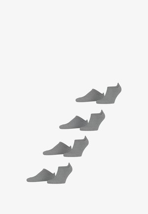 Graue Knöchelsocken mit glatter Textur, versehen mit einem flachen Schnitt und leichtem Absatz. Geeignet für Freizeitschuhe. Fünf Paar sind dargestellt.