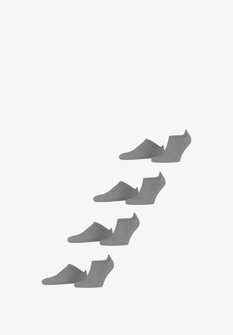 Chaussettes grises jusqu'à la cheville avec une texture lisse, présentant un design à coupe basse et un léger talon. Adaptées aux chaussures décontractées. Cinq paires affichées.