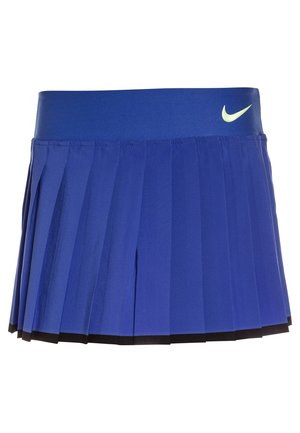 Blue pleated sports skirt with a wide waistband. Features Nike logo in light green. Made from lightweight, breathable material. Black lining.
