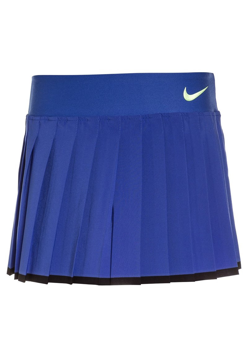 Falda deportiva azul plisada con una cinturilla ancha. Presenta el logo de Nike en verde claro. Fabricada con material ligero y transpirable. Forro negro.