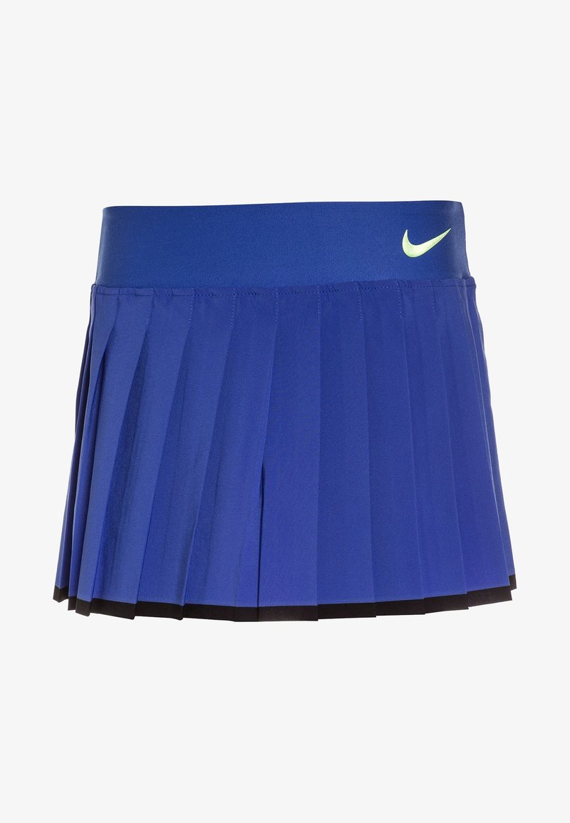 Falda deportiva azul plisada con una cinturilla ancha. Presenta el logo de Nike en verde claro. Fabricada con material ligero y transpirable. Forro negro.