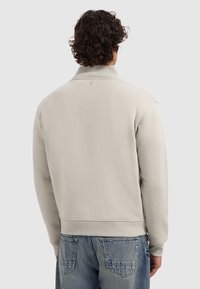 Light gray sweatshirt with a ribbed collar and cuffs, featuring a smooth texture and a fitted design, shown from the back with blue jeans.