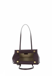 Sac à main en cuir violet avec une forme structurée, deux longues poignées, des ferrures dorées et un intérieur ouvert, avec une doublure de couleur claire.