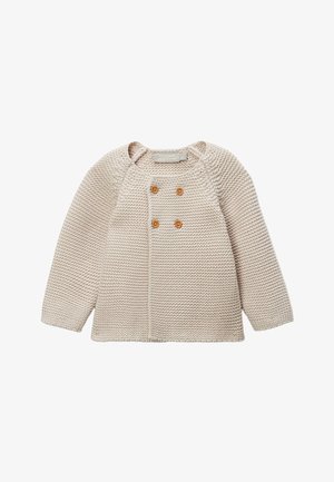 Cardigan pour bébé tricoté crème avec manches longues et quatre petits boutons en bois sur le devant.