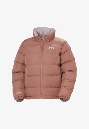 Opgeblazen jas in een zachte rozenkleur met een hoge kraag, rits aan de voorkant en geborduurd 'Helly Hansen' logo op de linker mouw.