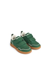 Green suede shoes with white stitching, two Velcro straps, and a brown rubber sole. Features a comfortable inner lining and heel tab.