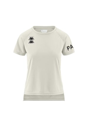 Maglietta atletica grigia chiaro con scollatura rotonda, maniche raglan corte e un logo nero sul petto e sulla manica.