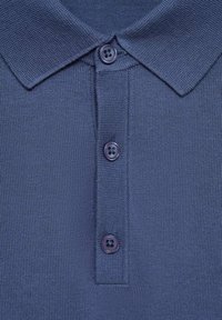 Navy blue polo shirt, textured knit fabric, three button placket with dark buttons, and a classic collared neckline.