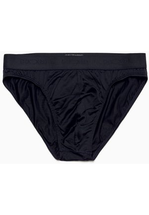 Schwarze Männerunterhosen aus glattem Stoff, ausgestattet mit einem breiten elastischen Bund mit eingeprägtem Logo und einem taillierten Schnitt mit gerafften Seiten.