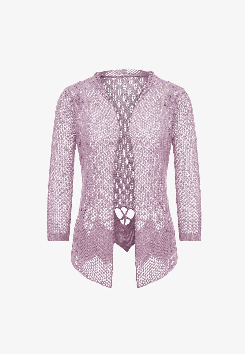 Pletený cardigan v světle fialové barvě s otevřeným předním dílem, tříčtvrtečními rukávy a krajkovým vzorem, se zdobným výřezem v pase.
