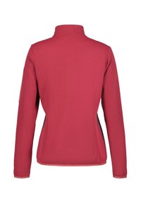 Rote, strukturierte Jacke mit hohem Kragen und langen Ärmeln; verfügt über ein Seitenpanel-Design und einen Akzent aus kontrastierendem Material auf der Schulter.