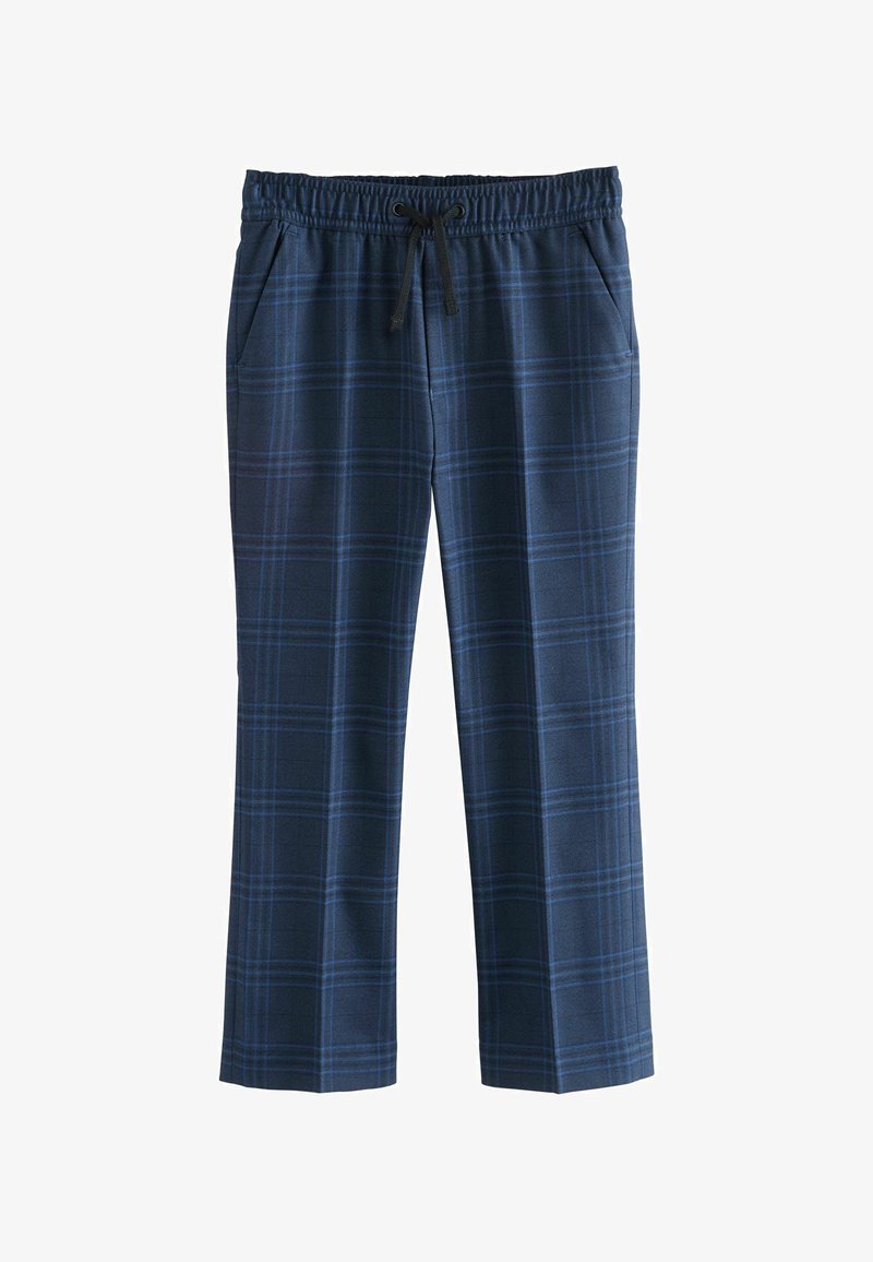 Navy blue plaid pants with elastic waist and black drawstring, featuring side pockets and straight-leg design.
