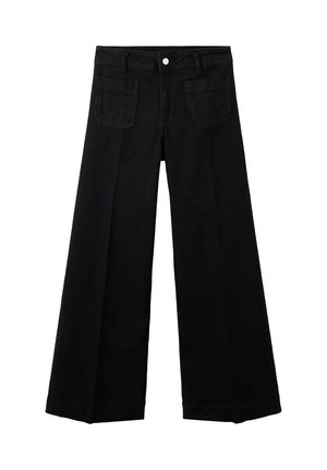 Black wide-leg pants with front pockets, belt loops, and a button closure at the waist on a plain white background.