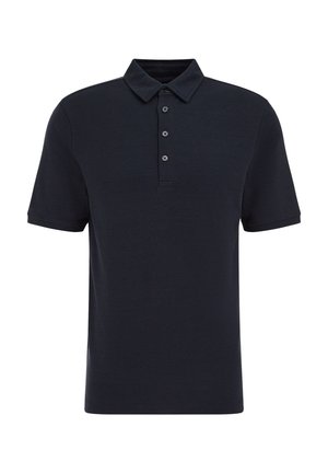 Tricou polo negru cu mâneci scurte, guler și trei nasturi pe fenta frontală, prezentat pe un fundal alb.