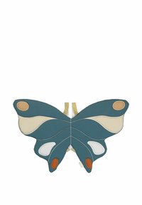 Butterfly-shaped cushion in teal, featuring beige, white, and orange accents. Textured fabric with stitched detailing and golden fabric straps.