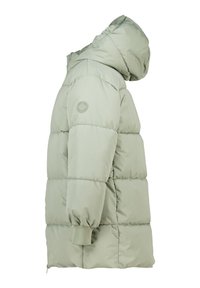 Abrigo de invierno acolchado verde claro con capucha, puños elásticos y un parche de logo redondo en la parte superior de la manga, mostrado de lado.