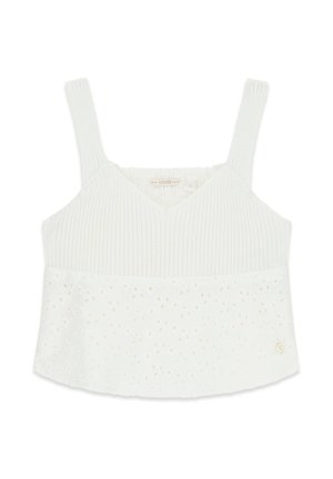 Haut court blanc sans manches en côte, avec détail en dentelle à œillets sur la moitié inférieure et fines bretelles.