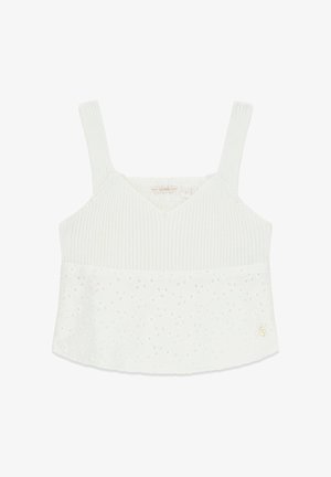 Hvid ærmeløs ribbet cropped top med øjenhul blonderdetalje på den nederste halvdel og tynde skulderremme.