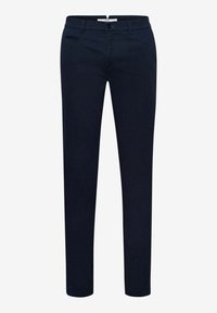 Granatowe spodnie wykonane z gładkiego materiału, o dopasowanym kroju, z przednią kieszenią i zapięciem na guzik oraz zamkiem błyskawicznym.