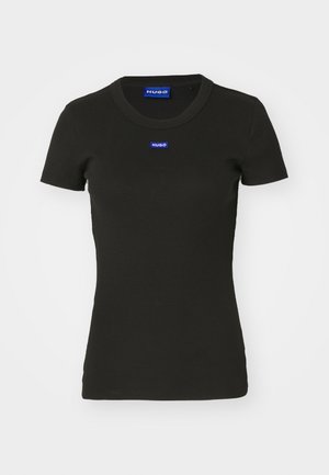 Black short-sleeve T-shirt made of ribbed cotton, featuring a blue "HUGO" logo badge on the front. Classic crewneck design.