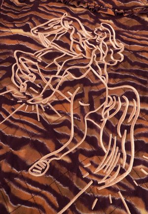 Contour d'une femme chevauchant un cheval cabré, brodé en fil clair sur un fond de tissu brun à rayures noires rappelant un tigre.