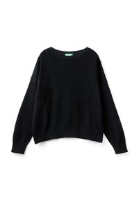 Czarny dzianinowy sweter z teksturowaną górną częścią, opadającymi ramionami, ściągaczami na mankietach i dolnym brzegu, o luźnym kroju i jednolitym kolorze.