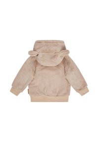 Beige fleece hoodie with a soft texture, featuring a rounded hood and small ears, elastic cuffs, and a tag on the lower left side.