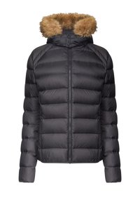 Giacca a vento nera con cuciture orizzontali, chiusura a zip frontale e cappuccio in pelliccia sintetica staccabile di colore beige. Presenta un design elegante e isolato con maniche lunghe.