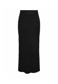 Jupe midi noire en maille côtelée avec taille ajustée et silhouette droite.