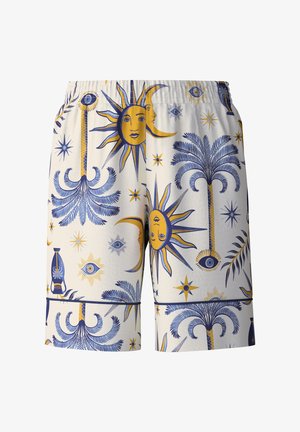 Zwemshorts met een elastische tailleband, met een kleurrijke print van een zon en palmbomen in blauw en goud op een lichte achtergrond.