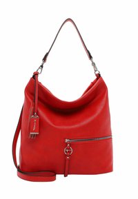 Sac à main hobo en cuir rouge avec un design décontracté, une poche avant zippée et une bandoulière amovible. Comprend des accessoires en métal argenté et un détail de pampille.