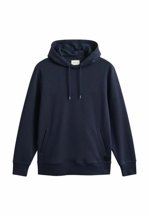 Marineblauer Kapuzenpullover mit langen Ärmeln, Vordertaschen und verstellbaren Kordeln am Ausschnitt.