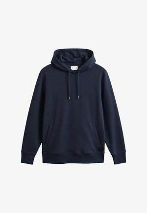 Marineblauer Kapuzenpullover mit langen Ärmeln, Vordertaschen und verstellbaren Kordeln am Ausschnitt.