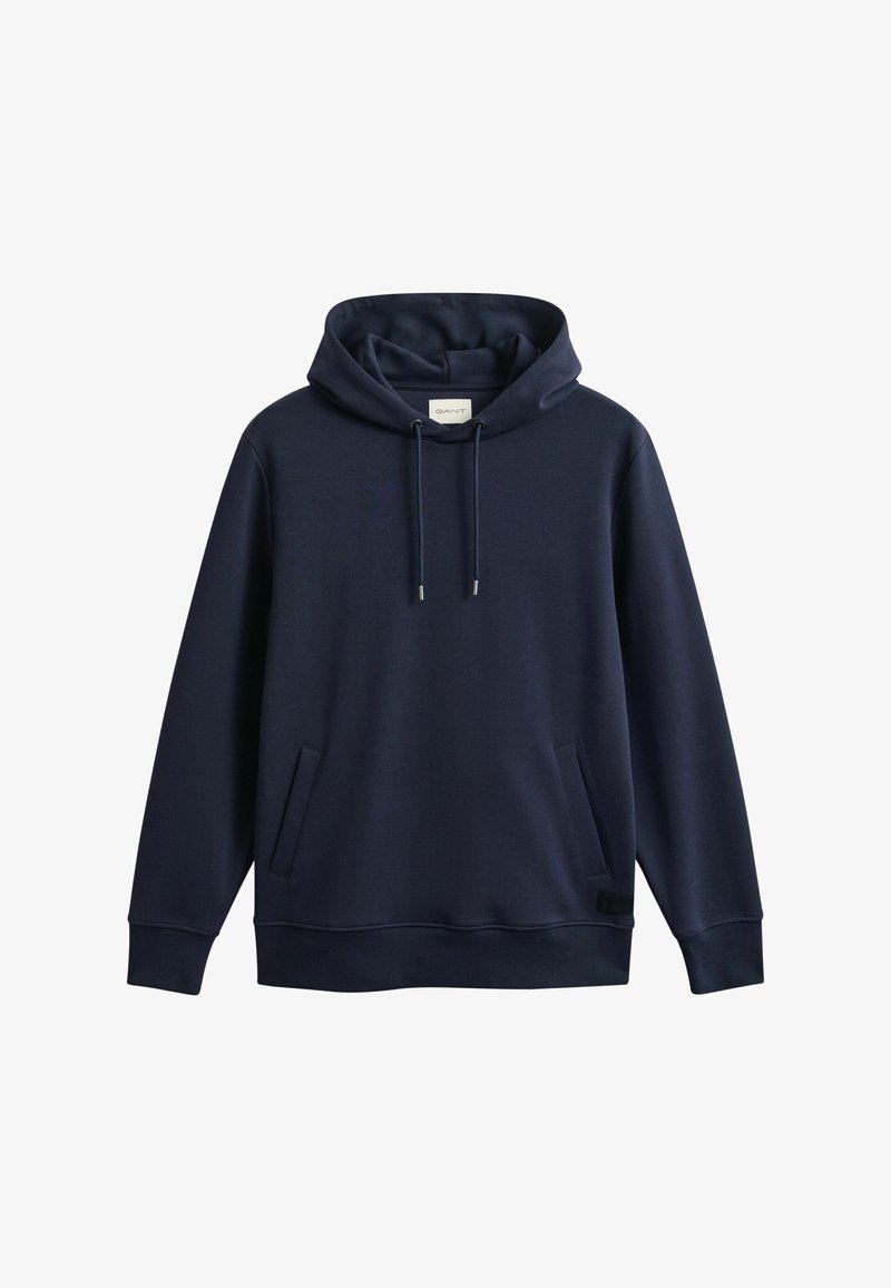 Marineblauer Kapuzenpullover mit langen Ärmeln, Vordertaschen und verstellbaren Kordeln am Ausschnitt.