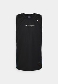 Černý sportovní dres bez rukávů s bílým logem "Champion" uprostřed a malou nášivkou loga na horním pravém hrudníku a na dolním levém lemu.