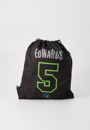 Drawstring backpack in black nylon with "EDWARDS" printed in gray and a large green "5." Features blue drawstrings and branding at the bottom.