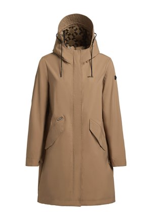 Veste longue kaki avec capuche, poches latérales doublées, cordons noirs et doublure intérieure à motif géométrique.