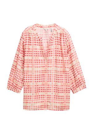 Camicetta a maniche corte con bottoni realizzata in tessuto leggero, caratterizzata da un motivo a scacchi rosa e crema con quadrati di dimensioni e texture variabili.