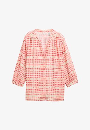 Camicetta a maniche corte con bottoni realizzata in tessuto leggero, caratterizzata da un motivo a scacchi rosa e crema con quadrati di dimensioni e texture variabili.