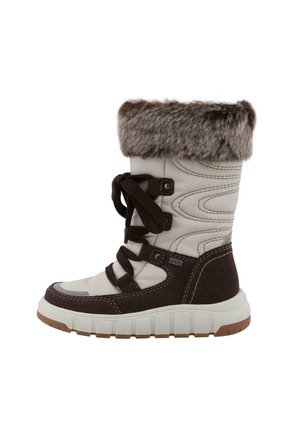 Zimowy but z białą syntetyczną cholewką i brązowymi zamszowymi akcentami. Futrzany kołnierz, sznurowany fason i teksturowana gumowa podeszwa dla lepszego chwytu.
