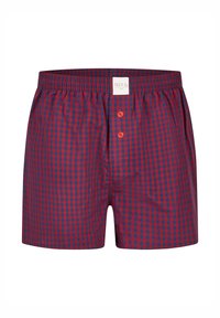 Červeno-modré kostkované boxerky vyrobené z lehké látky, s elastickým pasem a dvěma předními knoflíky pro zapínání.