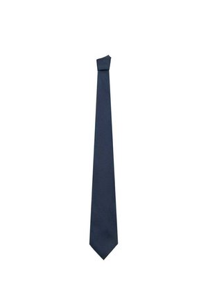 Una corbata lisa de color azul marino oscuro, mostrada en posición vertical sobre un fondo blanco.