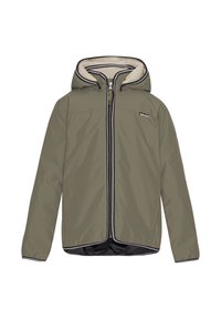 Giacca verde con cappuccio, chiusura a zip, fodera morbida e dettagli neri. Presenta una texture liscia e un design casual adatto a diverse occasioni.