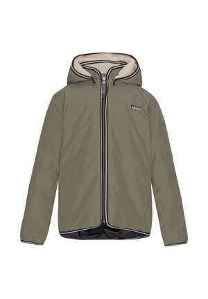 Giacca verde con cappuccio, chiusura a zip, fodera morbida e dettagli neri. Presenta una texture liscia e un design casual adatto a diverse occasioni.