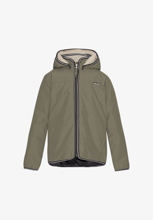 Giacca verde con cappuccio, chiusura a zip, fodera morbida e dettagli neri. Presenta una texture liscia e un design casual adatto a diverse occasioni.